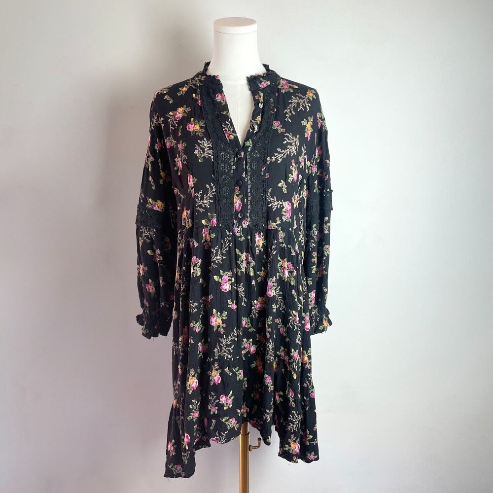 Black Floral Lace Whimsigoth Dress Womens Medium Boho Fairy Cottage Y2K